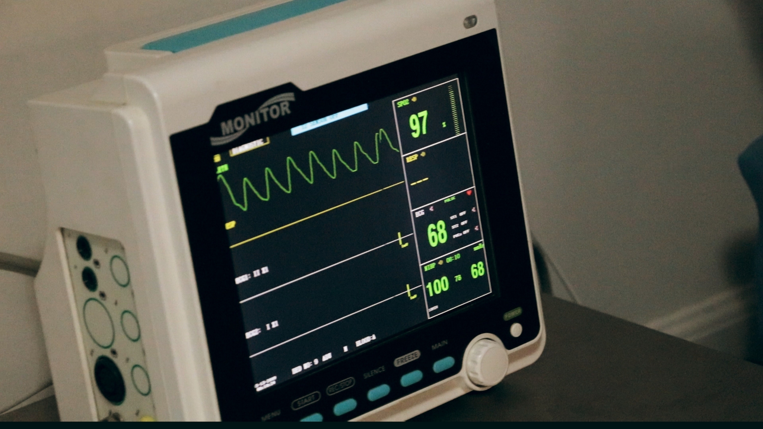 Vitals monitor showing a heart rate