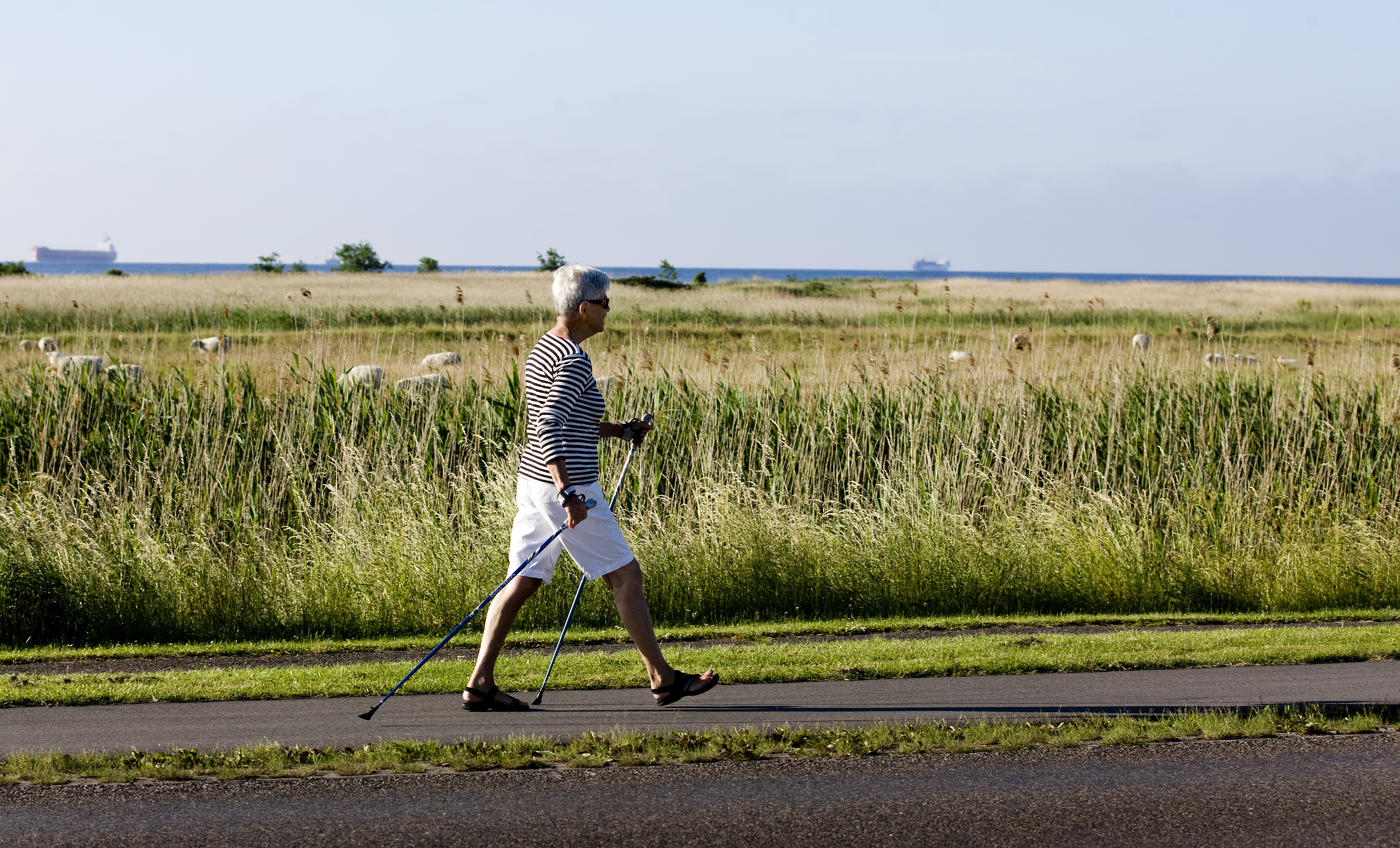 elderly person power walking down the country side